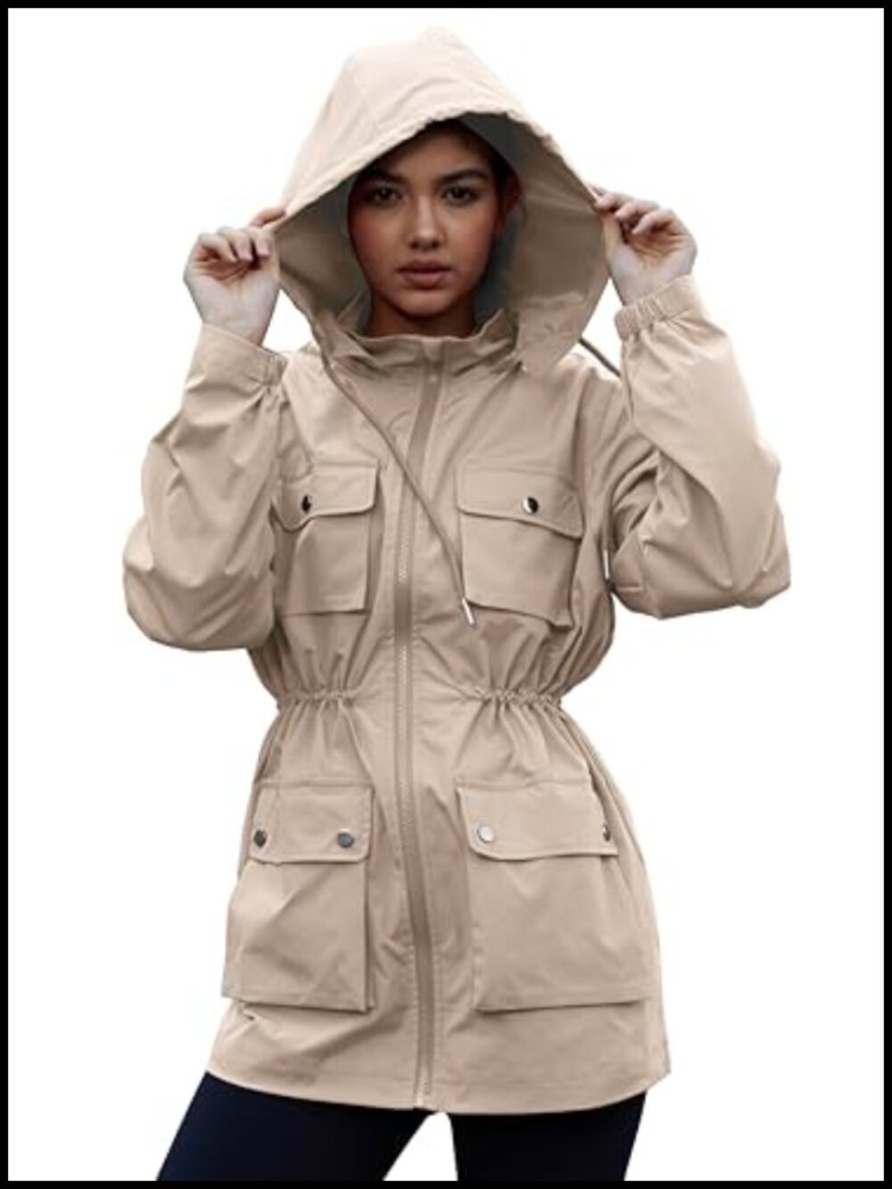 Packable Waterproof Windbreaker Rain Jacket Removable Hood Utility Cargo